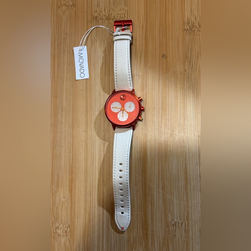 Movado FACE Watch With 43mm Orange Red Tone Chronograph Face &Cream Leather Band - Picture 7 of 9